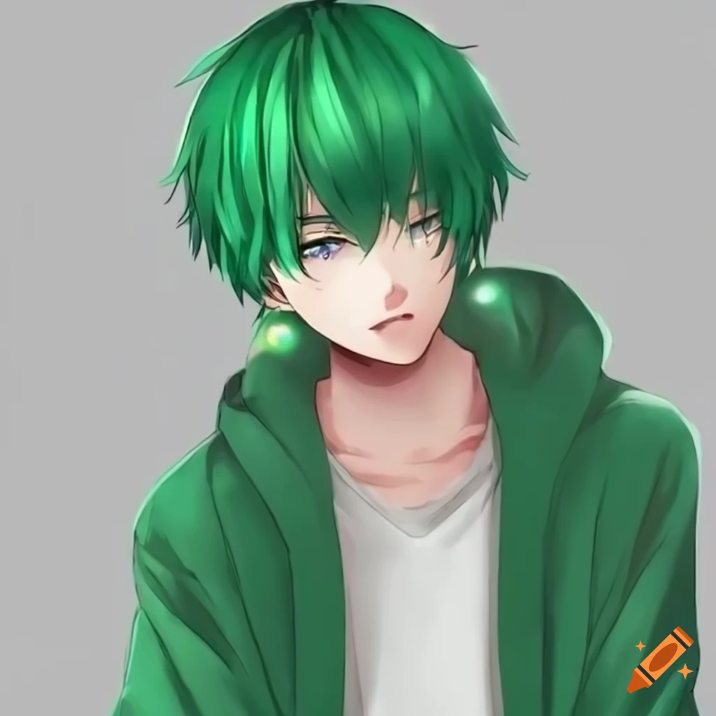 Anime boy with white shirt, green hoodie, and green hair