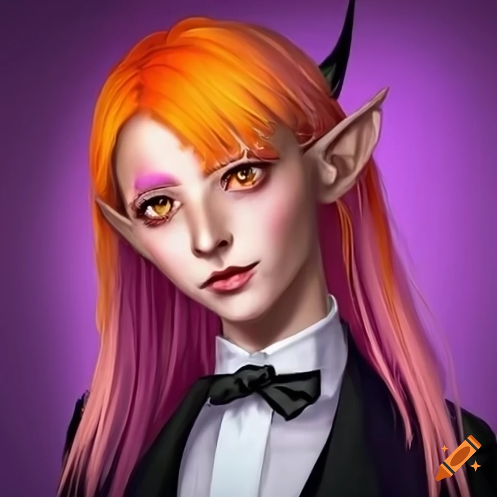 Purple elf with orange eyes and hair in a tuxedo on Craiyon