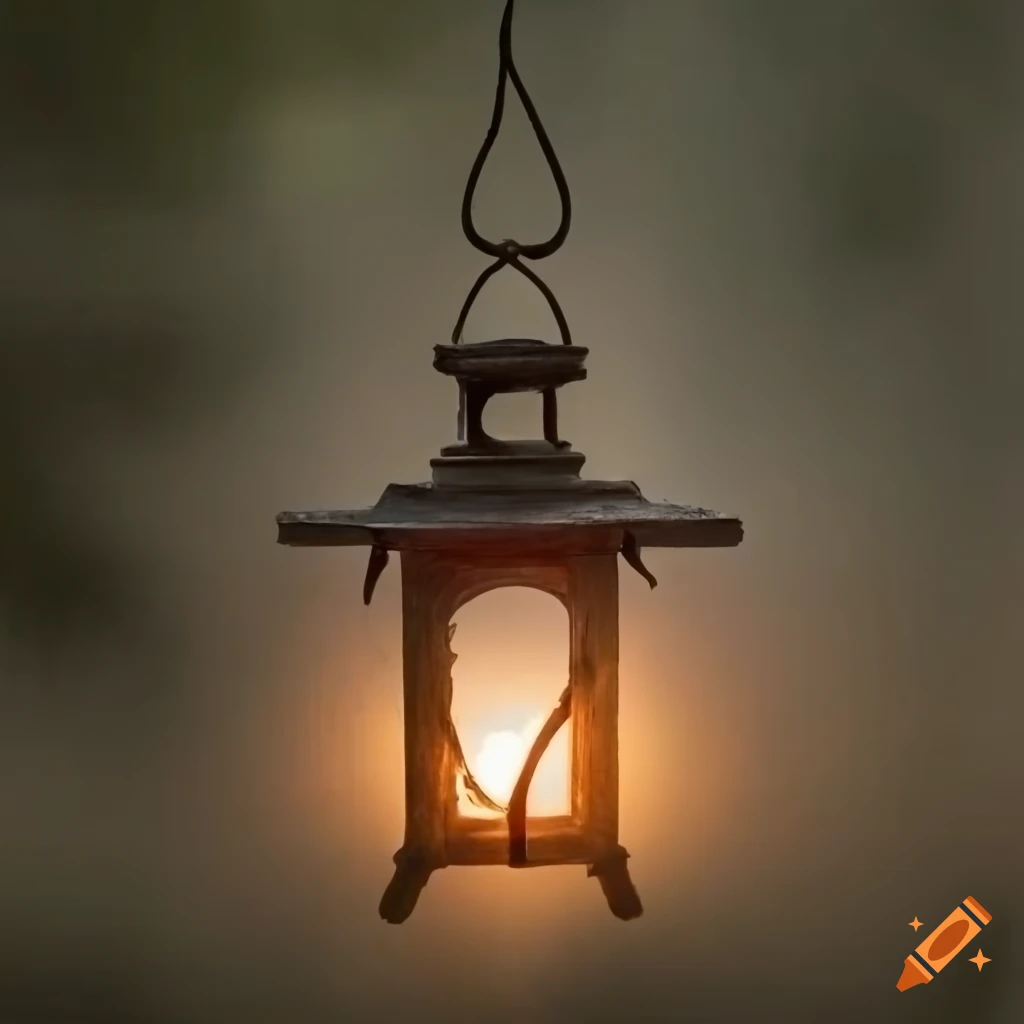 Distant view of an old wooden lantern on a tree branch