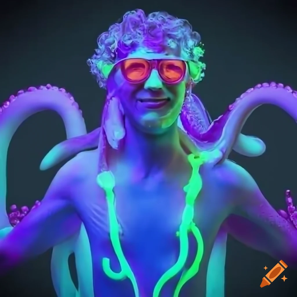 Glowing man with octopus tentacle arms and aviator glasses posing on ...