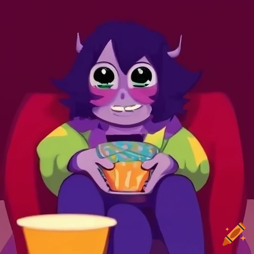 Kris from Light World (Deltarune) enjoying popcorn and TV in a comfy chair