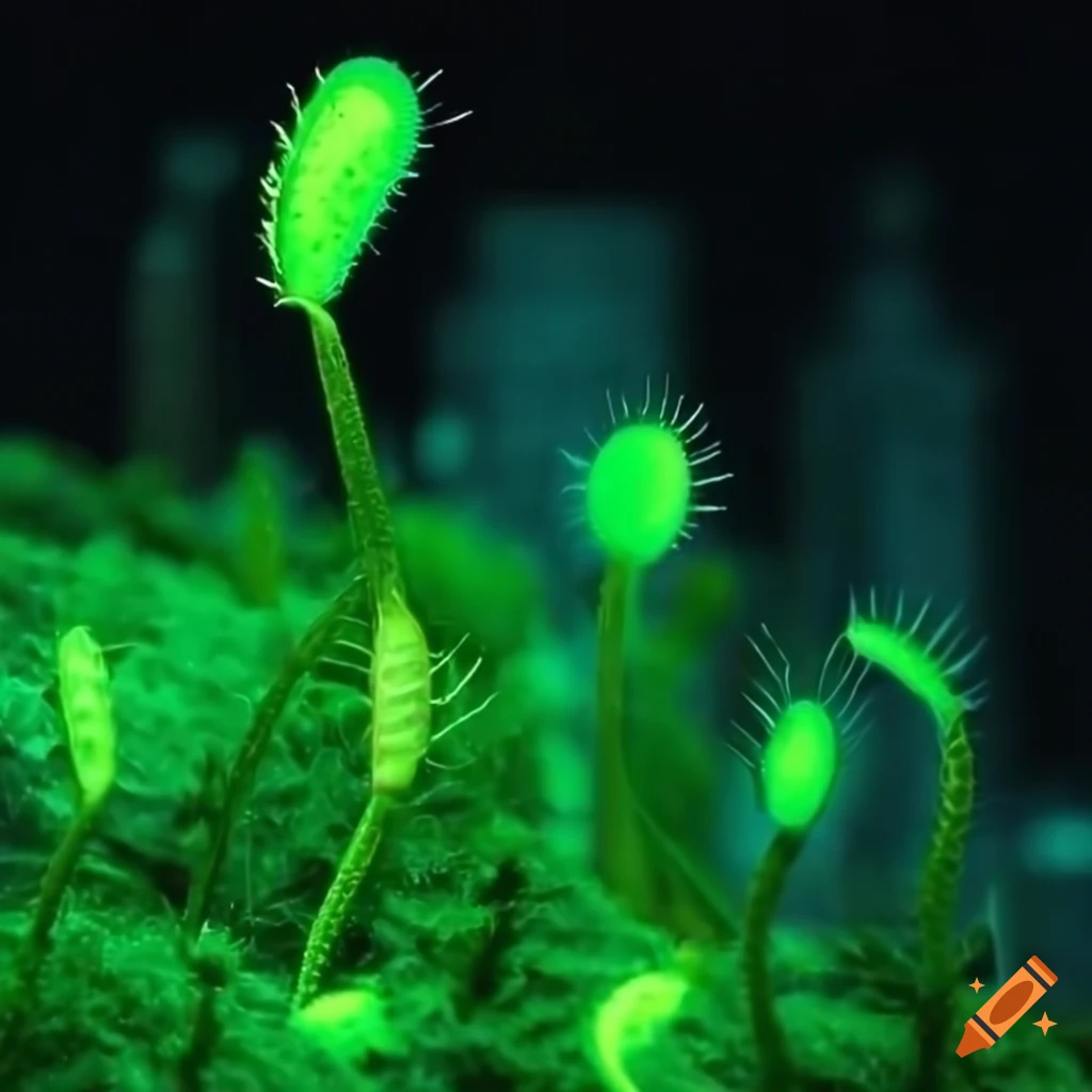 Glowing biopunk Venus flytrap creature in a moss-covered cityscape with cybernetic technology