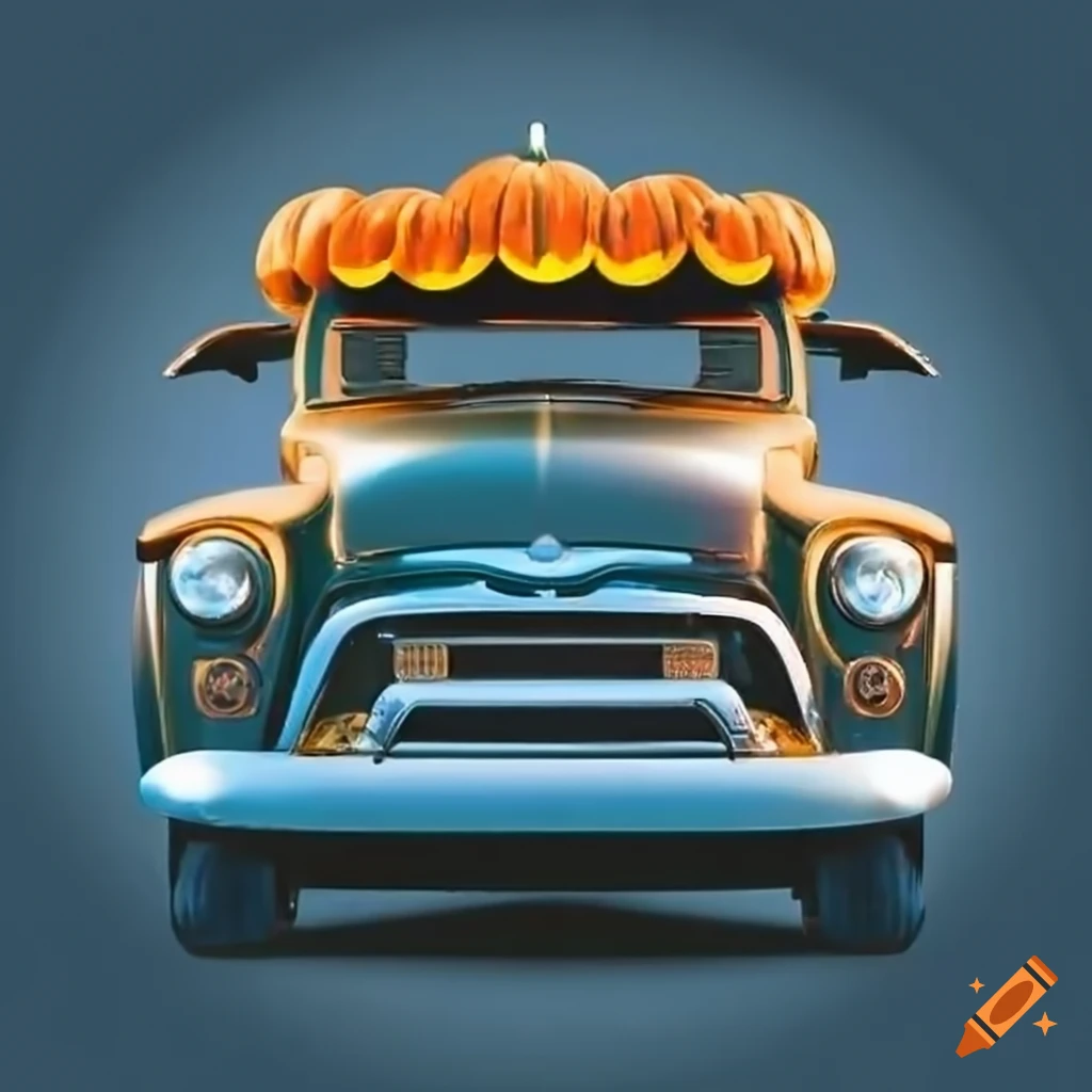 Vintage pickup truck designed as a scalloped pumpkin on Halloween
