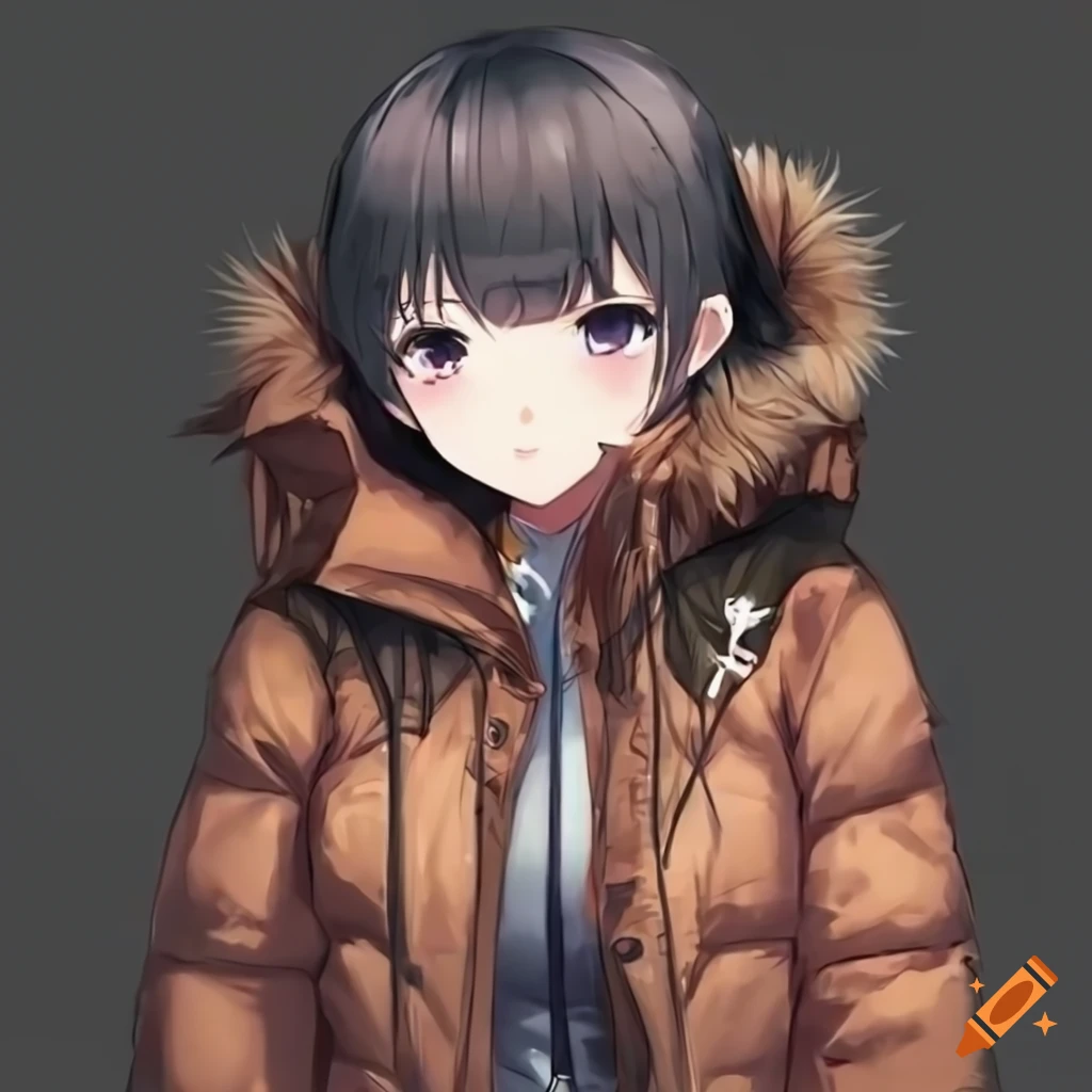 Anime girl with short black hair in a brown down parka on Craiyon