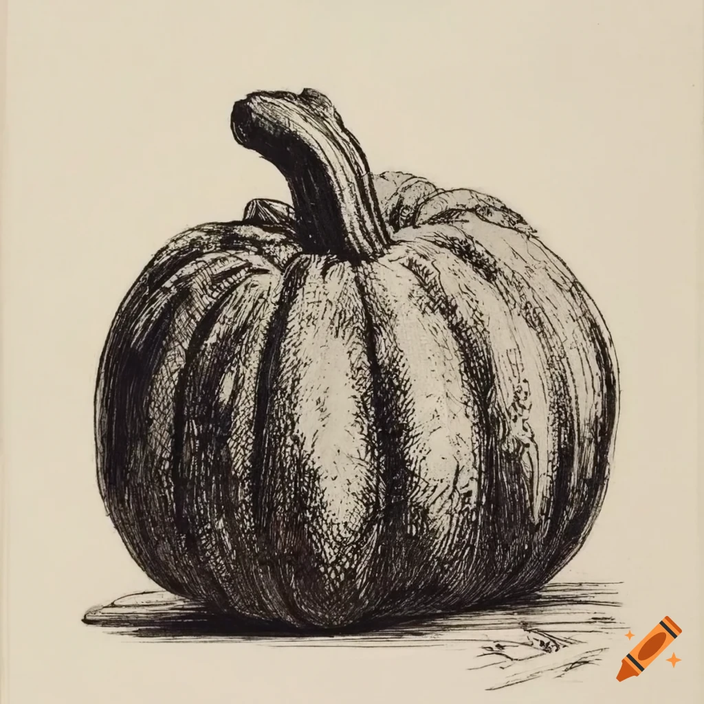 1800s antique pen and ink etching of a pumpkin sketch