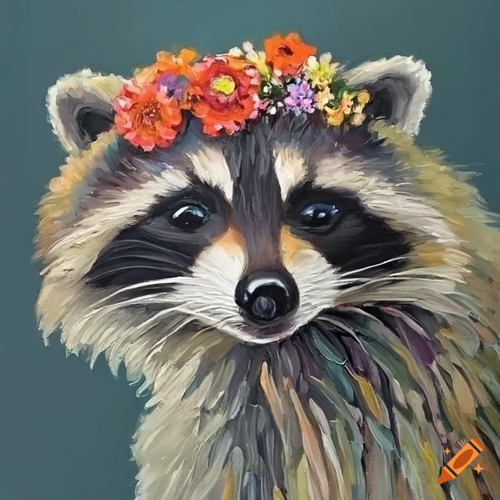 Naivistic oil painting of a raccoon with a flower wreath