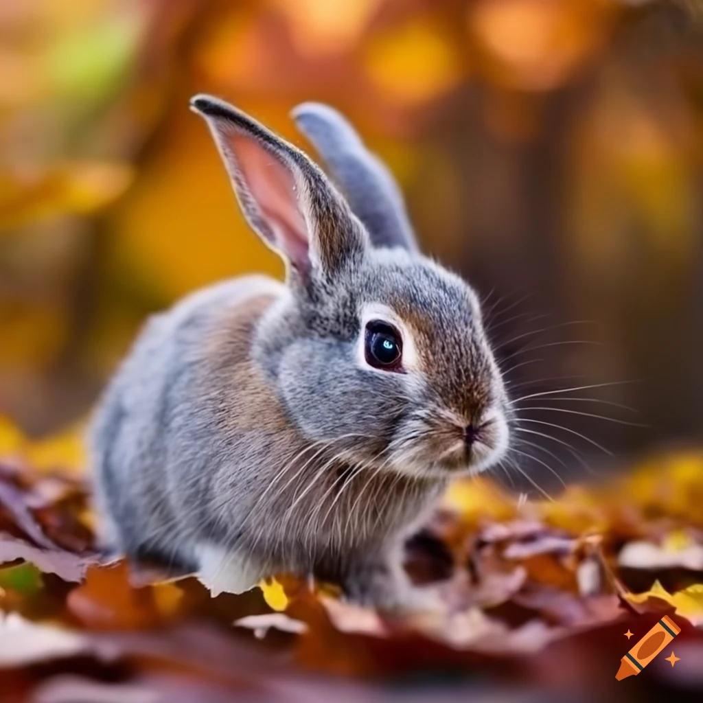 Mini gray rabbit surrounded by autumn leaves on Craiyon