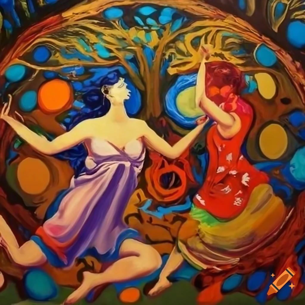 Vibrant expressionist painting of Greek Maenads dancing in a magical forest clearing