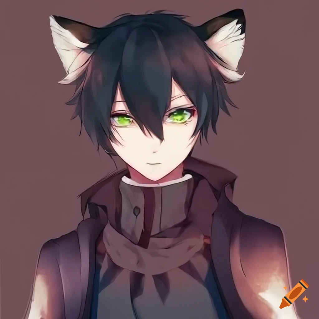 Anime fox boy with green eyes and black hair