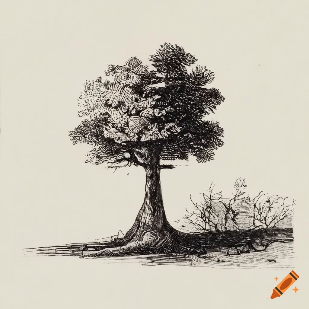 1800s pen and ink etching of a tree