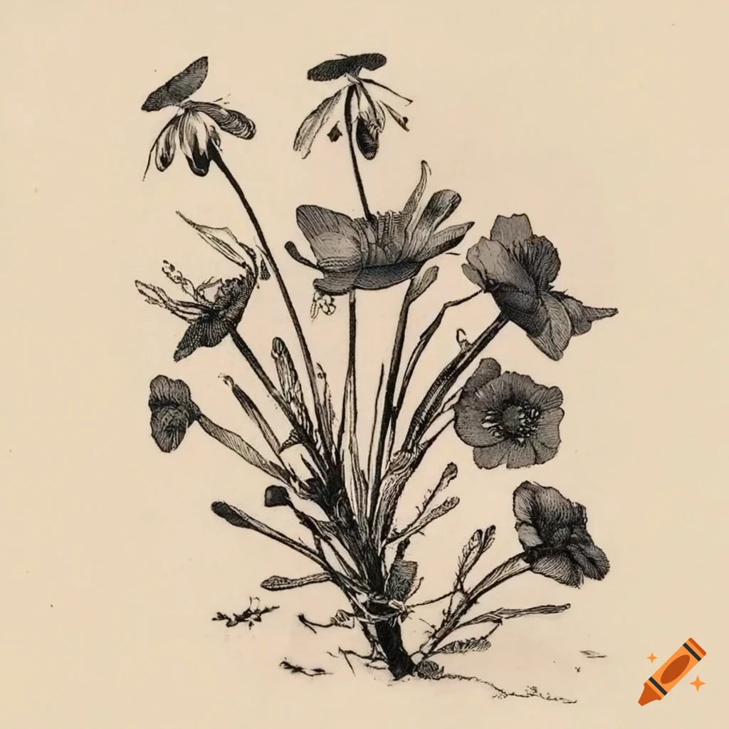 1800's etching of wildflowers in ink