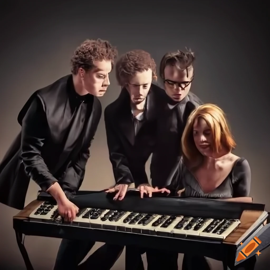 Group of musicians in black attire with vintage keyboard for a photoshoot