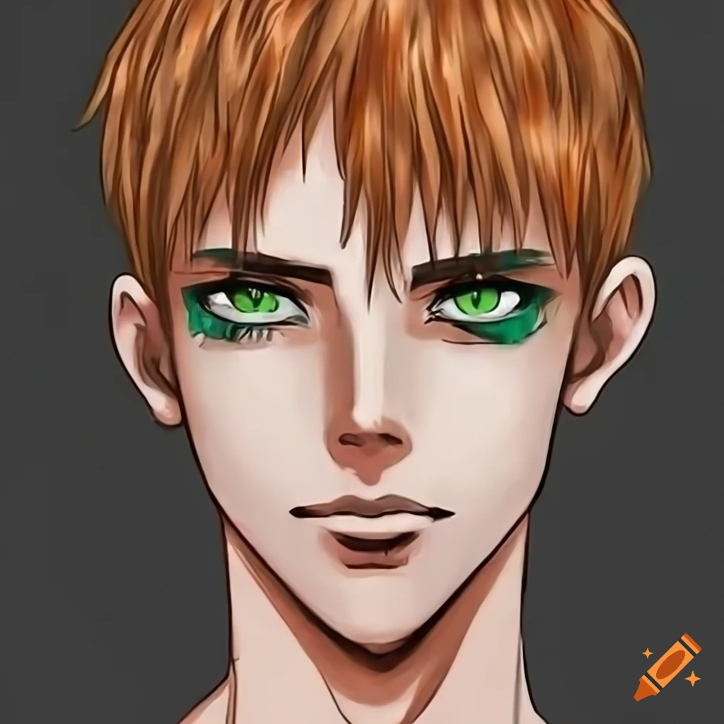 Young man with red hair and green eyes facing the camera with a black