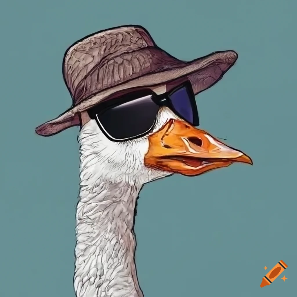 Drawing of a goose wearing a hat and sunglasses on Craiyon