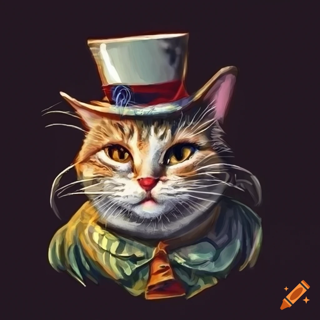 Anthropomorphic cat in a top hat with a whimsical smile