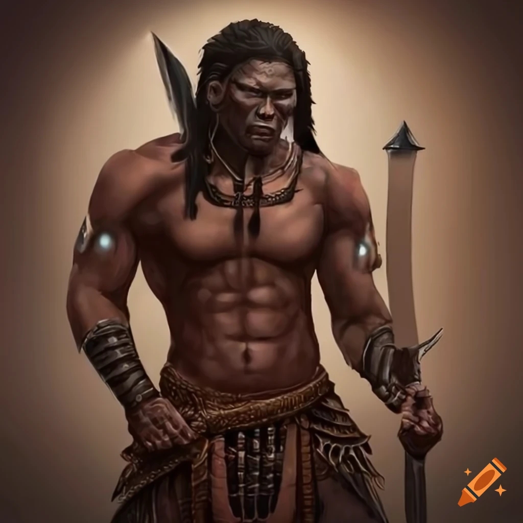 Heroic dark-skinned Native American warrior with sword in mystical fantasy setting