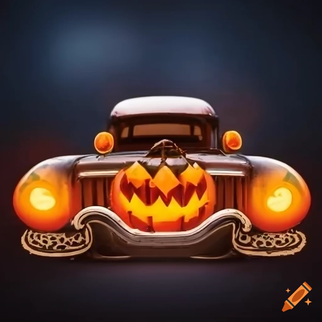 Vintage pickup truck designed as a scalloped pumpkin on Halloween
