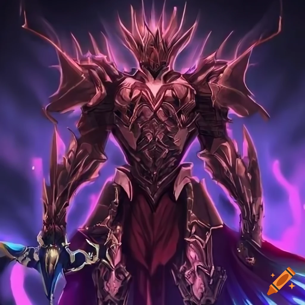 Celestial knights in bulky demonic armor in anime style