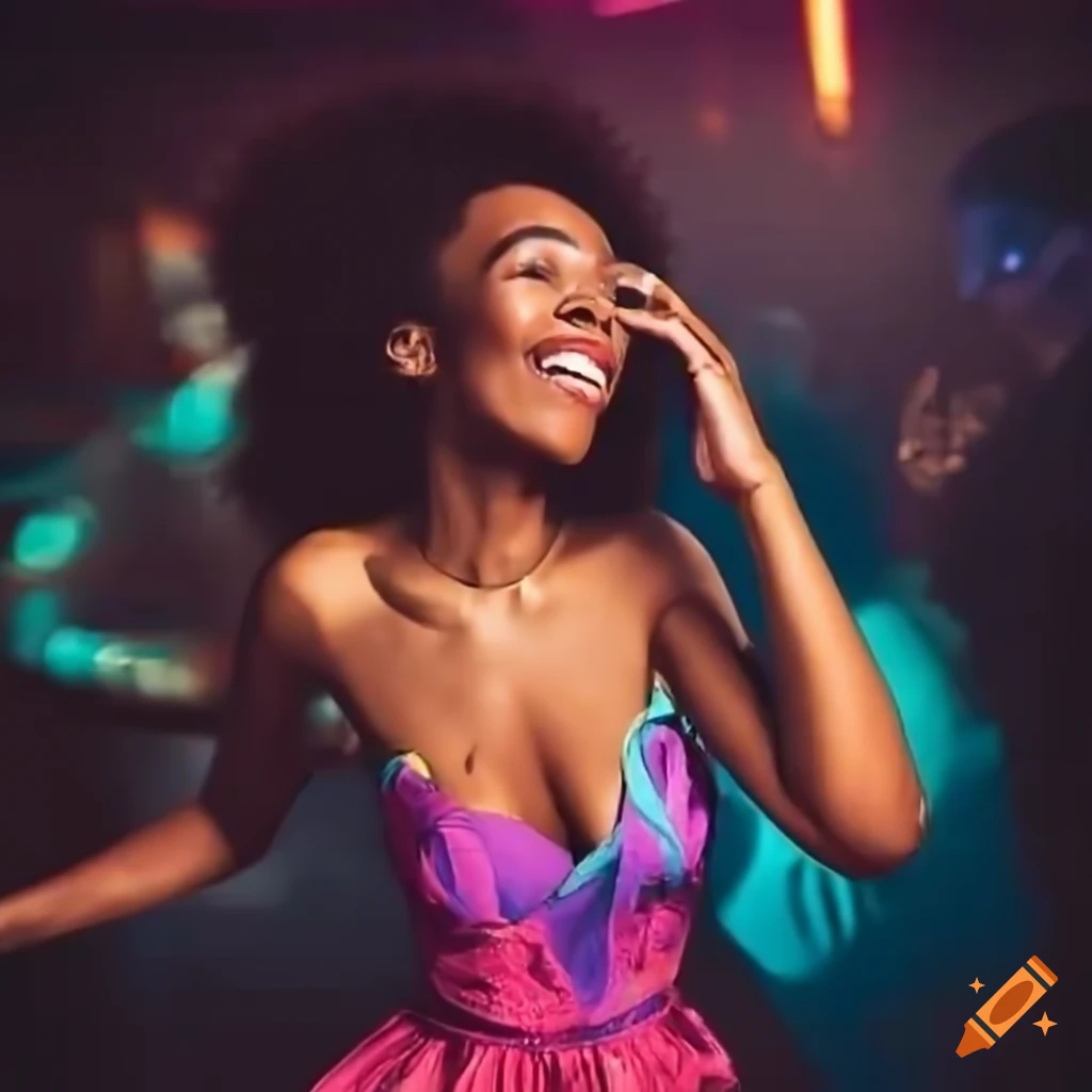 African american woman dancing joyfully in colorful attire at a lively