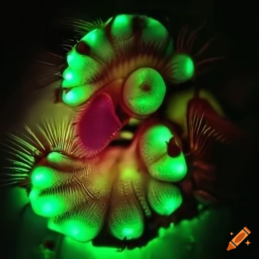 Glowing biopunk Venus flytrap creature in a moss-covered cityscape with cybernetic technology