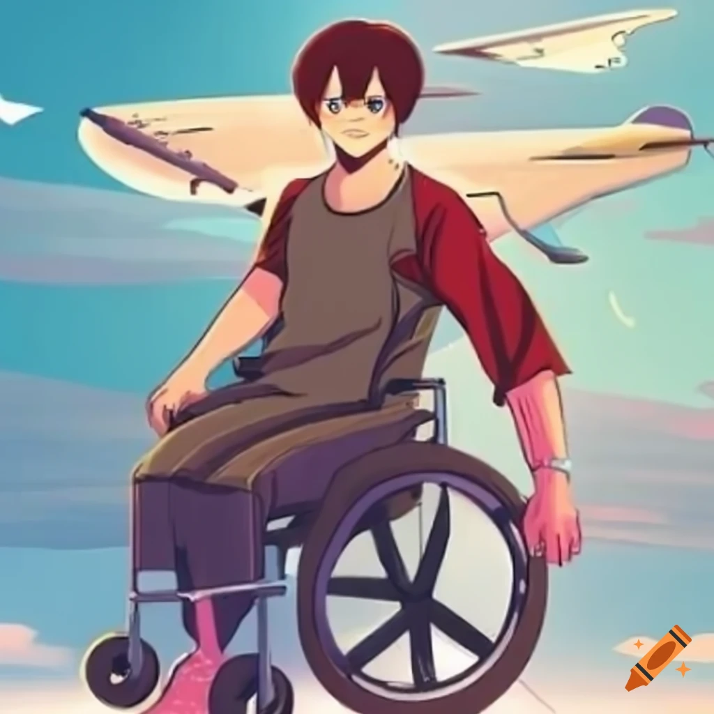 Illustration of a strong man in a wheelchair arm wrestling, with an airplane in the background