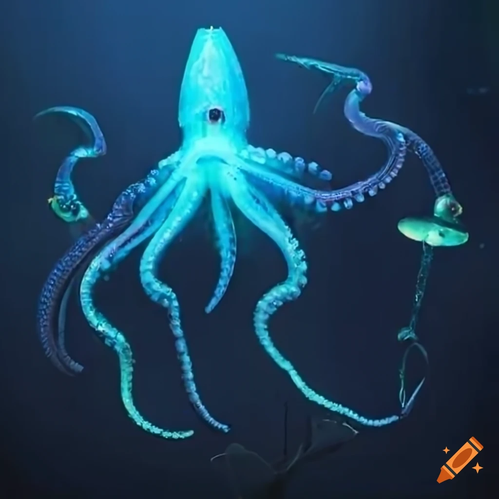 Glowing bioluminescent squid surrounded by drums and cymbals in a music scene