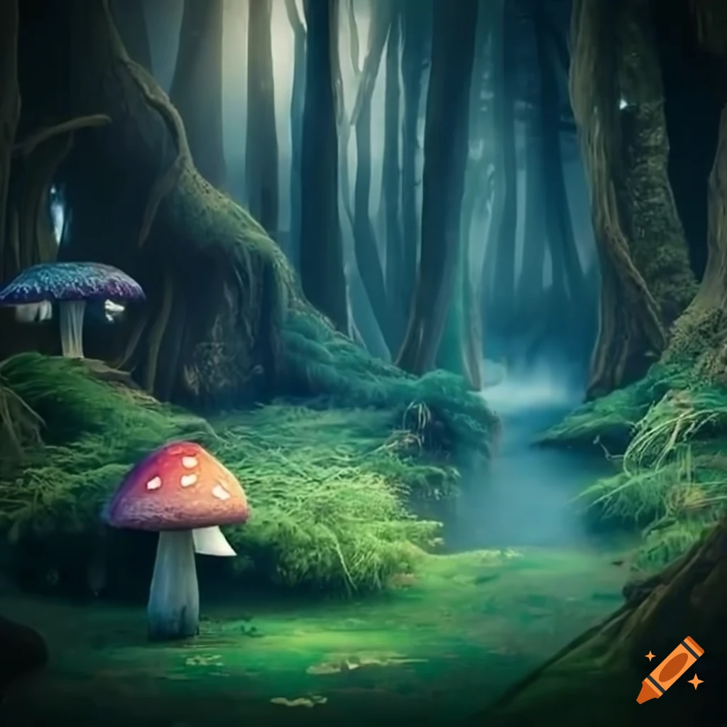 Enchanted forest with mushrooms on Craiyon