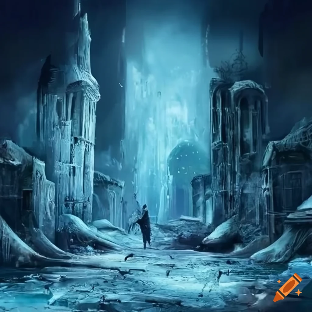 Artwork of icy, shattered London with magical creatures and ruins
