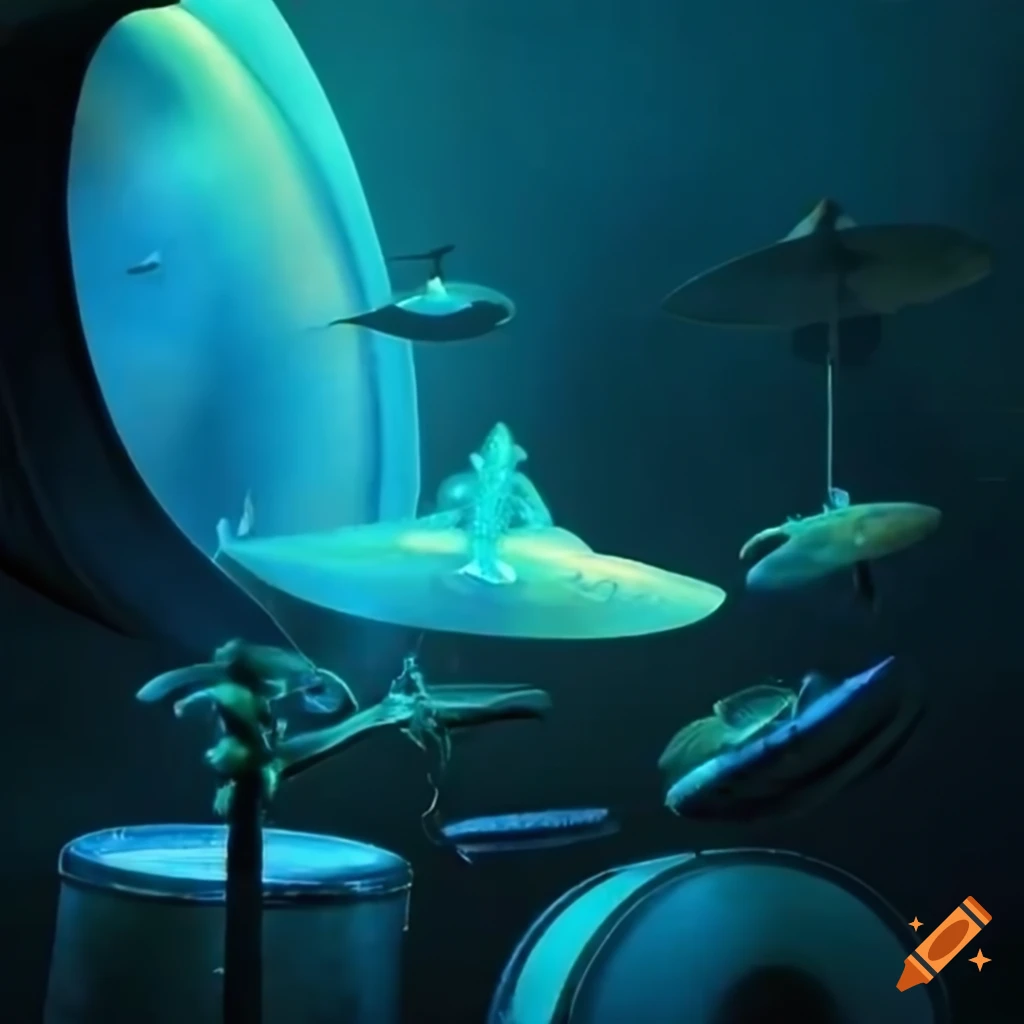 Glowing bioluminescent squid surrounded by drums and cymbals in a music scene