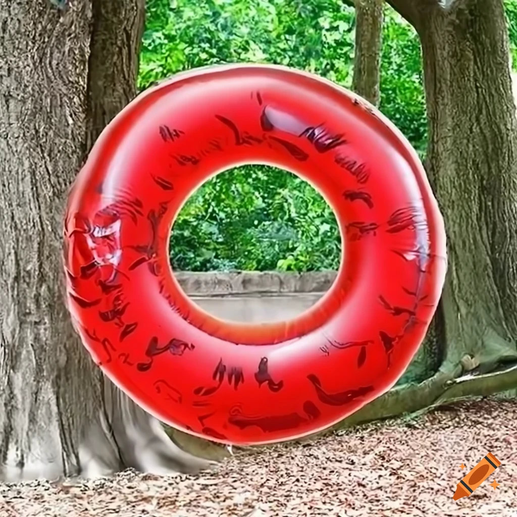 Transparent red swim ring ripped by a tree branch