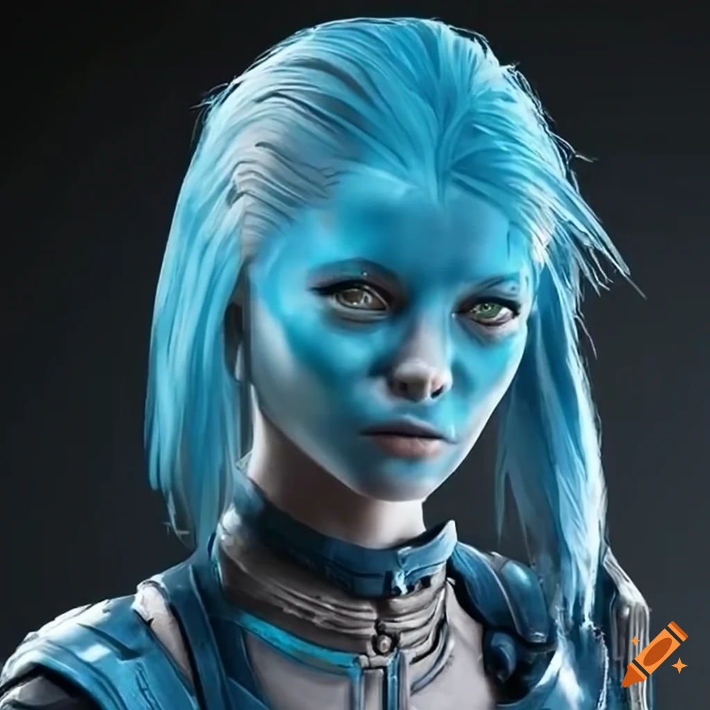 Sci-fi android with blue skin and blonde hair on Craiyon