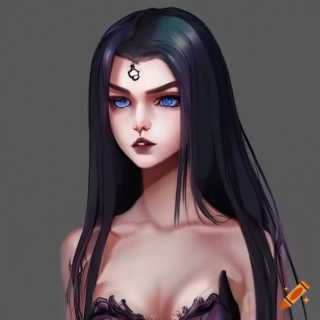 Character with long black hair and piercing blue eyes, exuding mystery and elegance