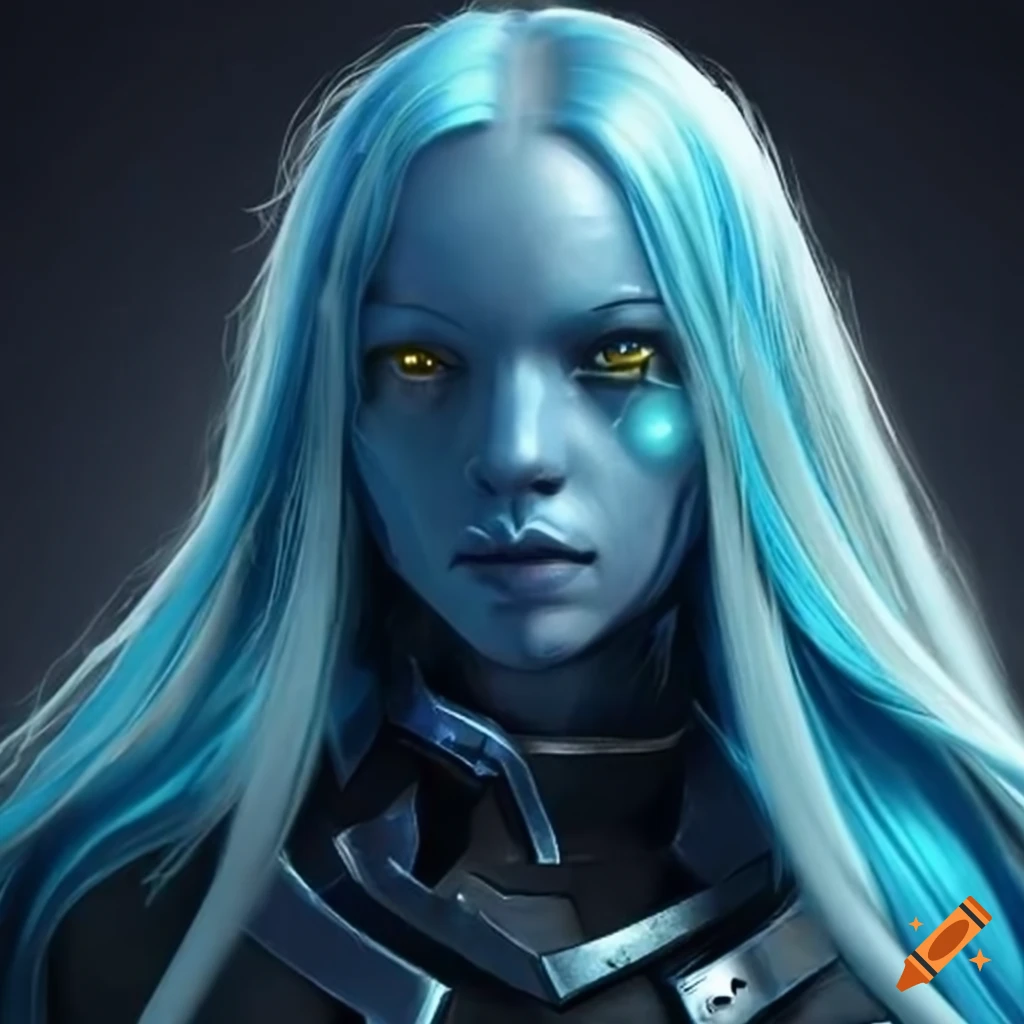 Sci-fi android with blue skin and blonde hair on Craiyon