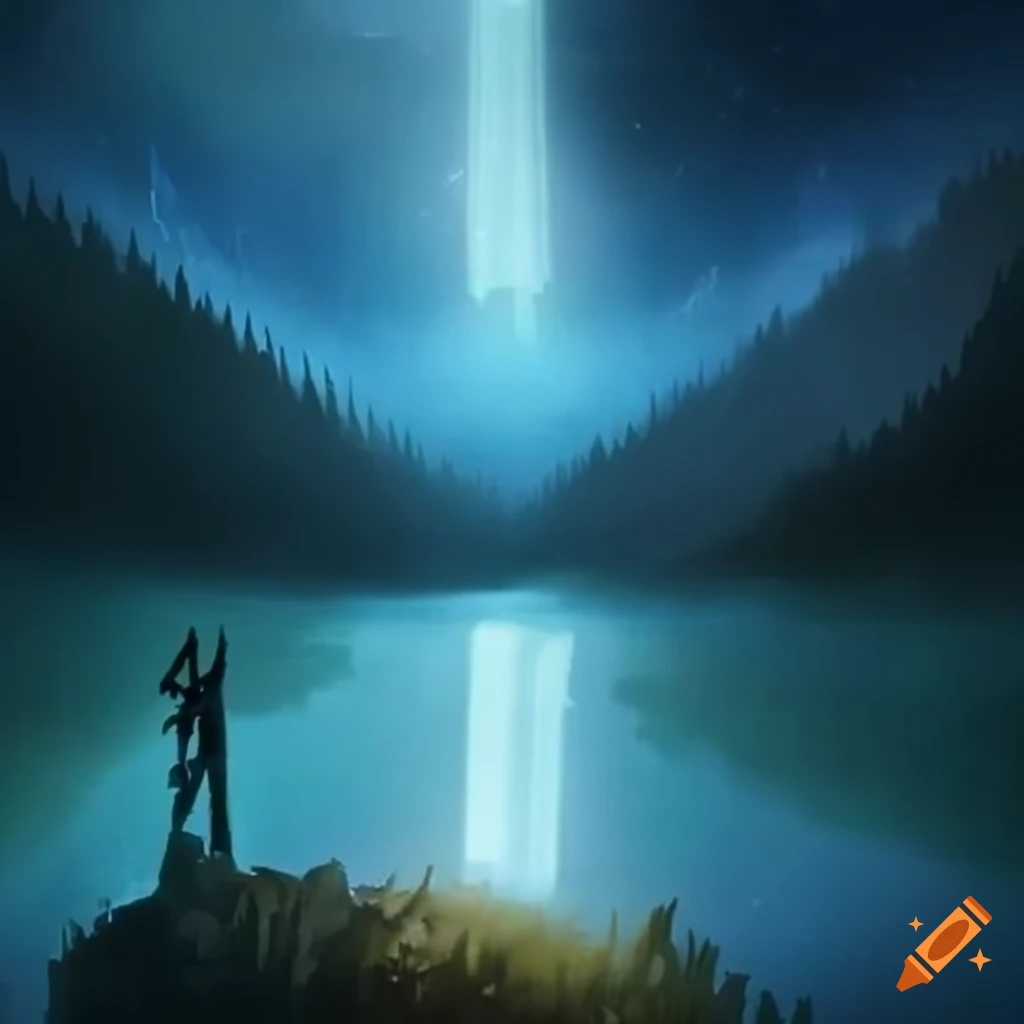 Special effect of god rays on a mountain lake for naturalism and awe