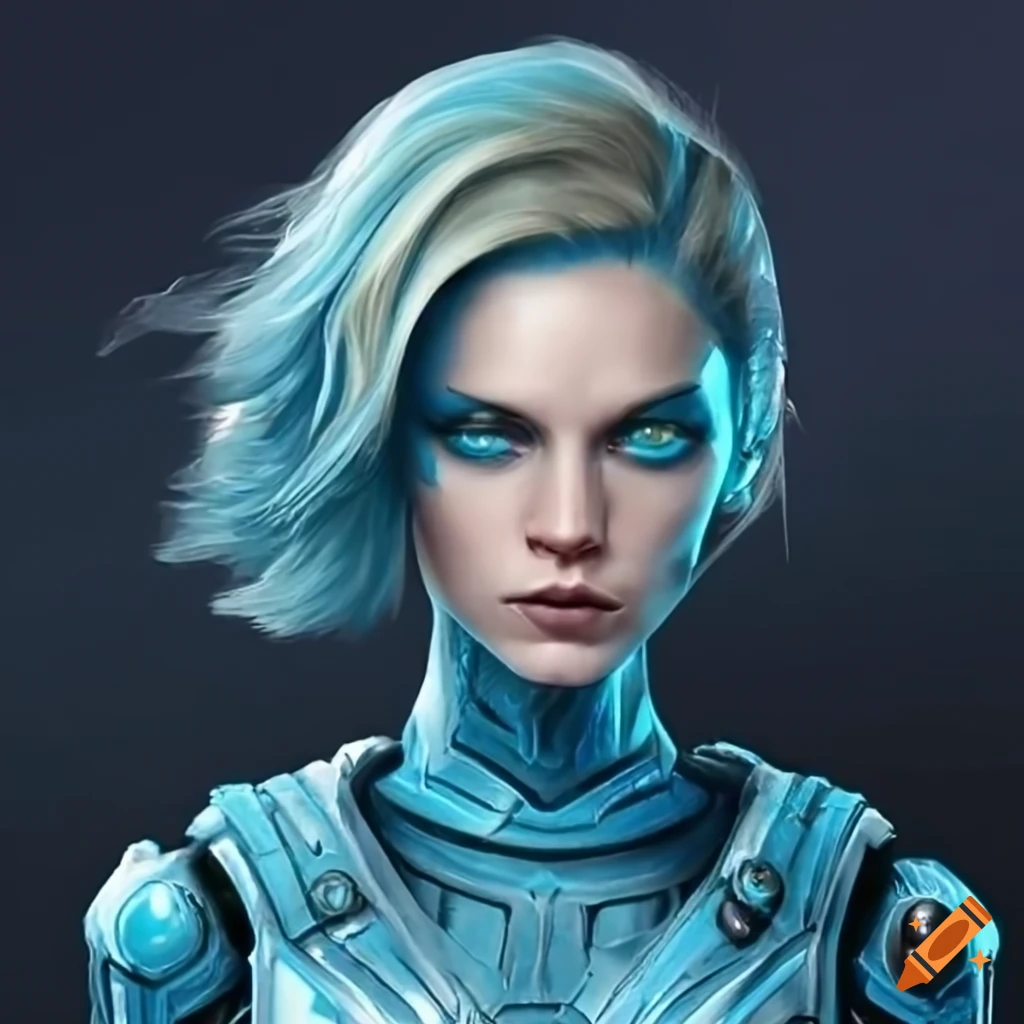 Sci-fi android with blue skin and blonde hair on Craiyon