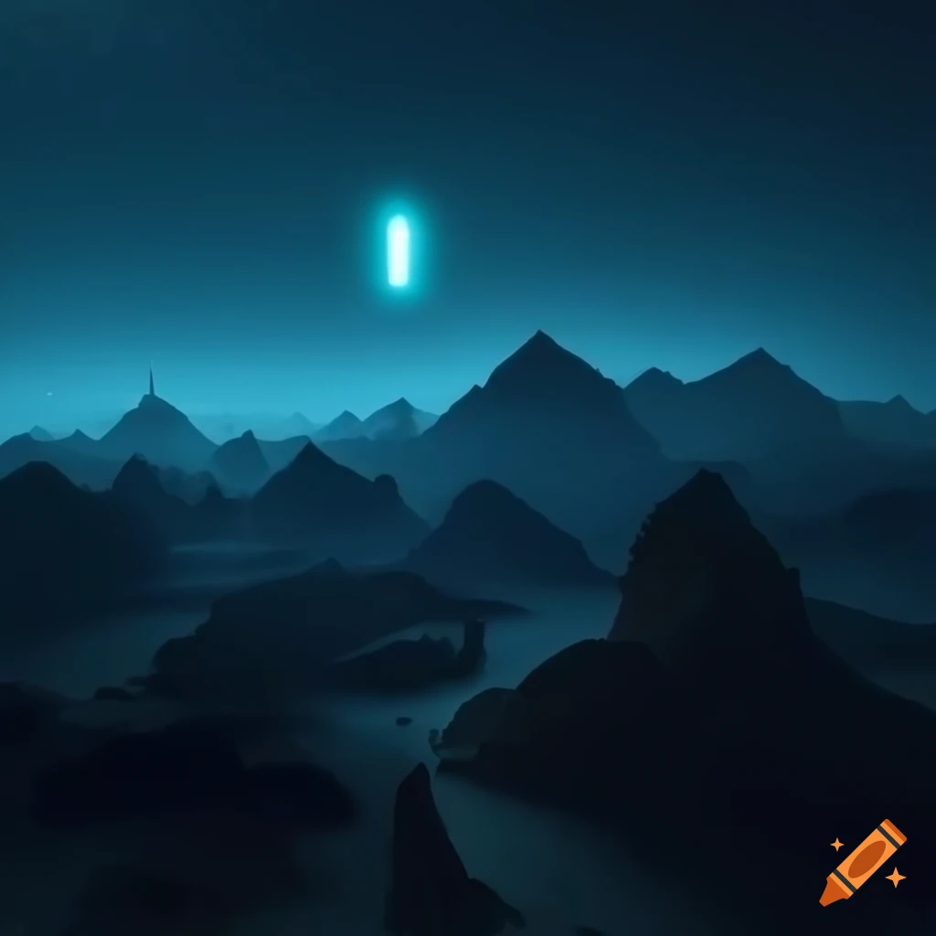 Mystical desert city with floating box under a night sky