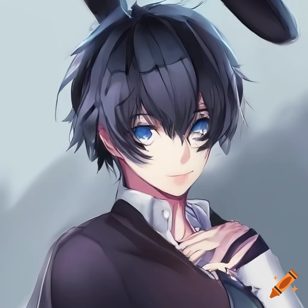 Anime rabbit fem-boy with black hair and blue eyes