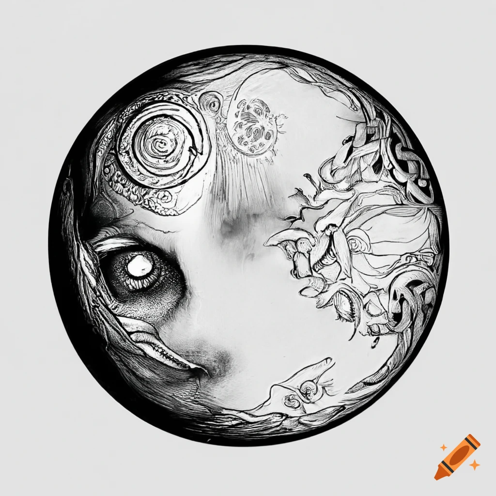 Celtic moon black and white pattern drawing in the shape of a moon with monochrome line drawing