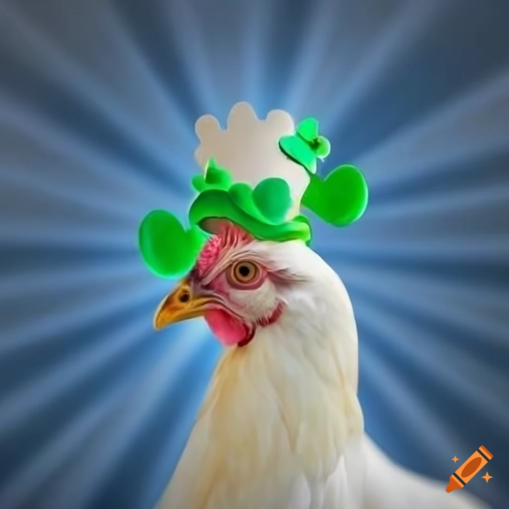 White chicken wearing a shamrock hat on a blue starburst background