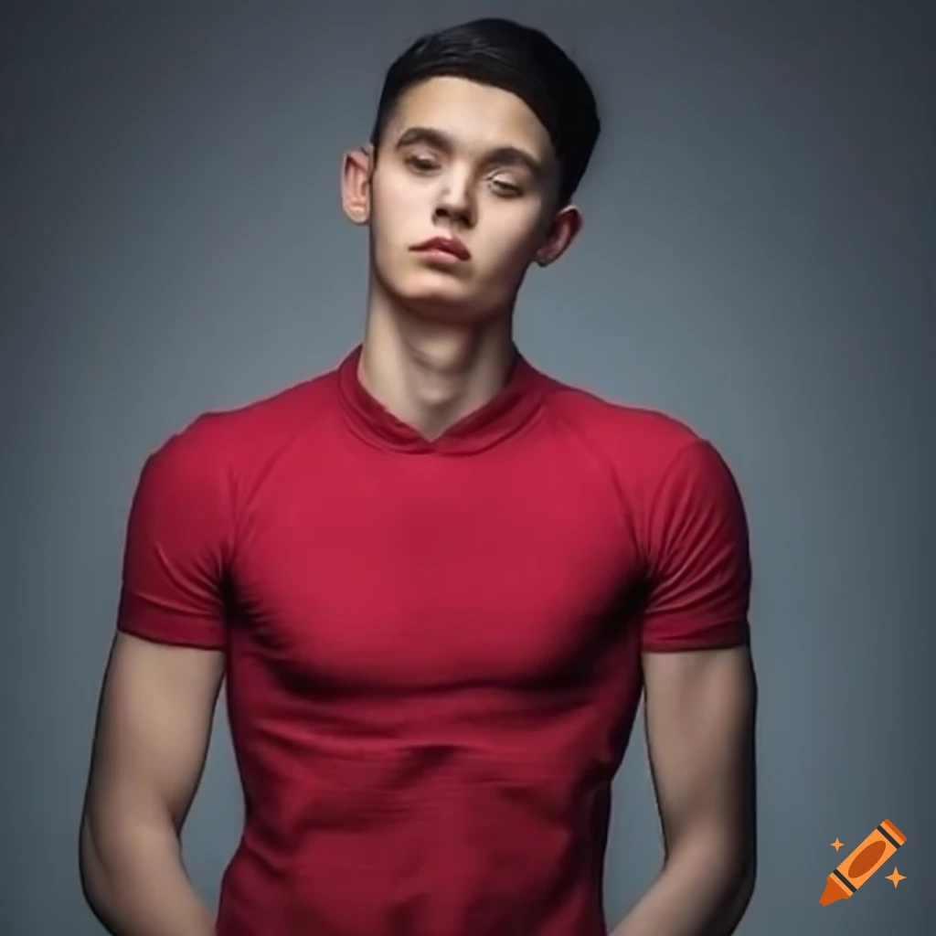 University student athlete with black hair in red shirt and jeans on
