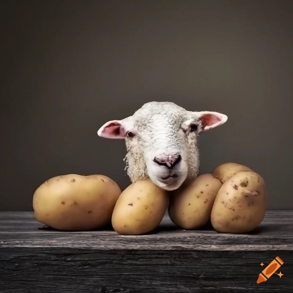 Sheep eating a potato
