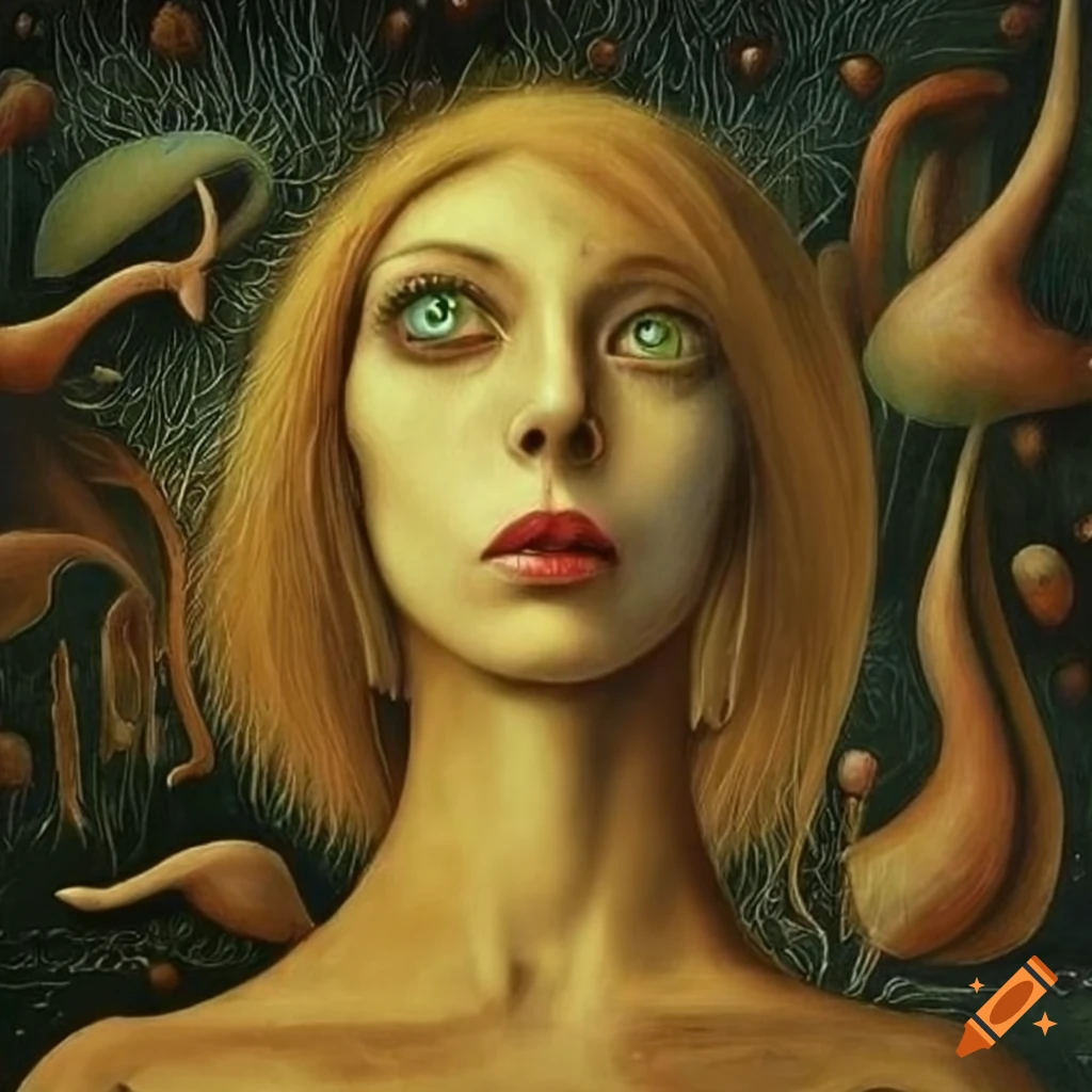 Surrealist painting of a mystical city among trees and mushrooms ...