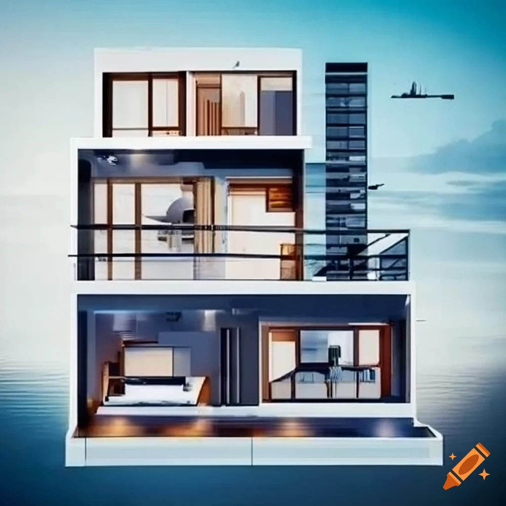 Blueprint for a 4-storey modern house on a 40x13 meter lot on Craiyon