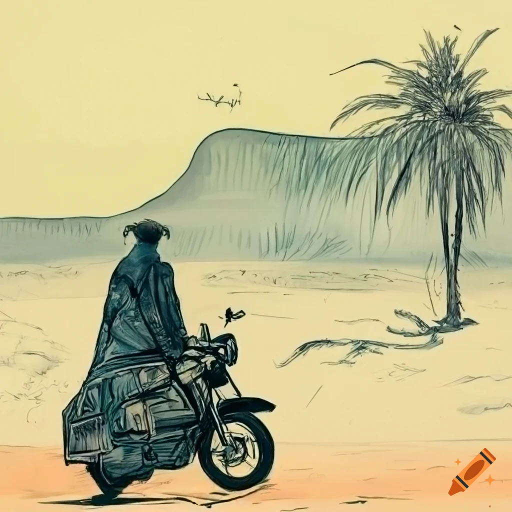 Ralph steadman style drawing of a man with three arms on a motorcycle