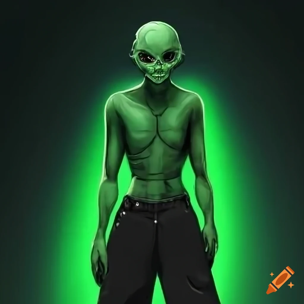 Alien with green skin wearing wide black jeans