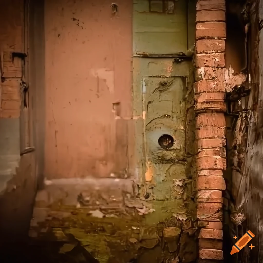 Flooded crumbling brick industrial doorway with abandoned metal under the water in a gold-orange fog
