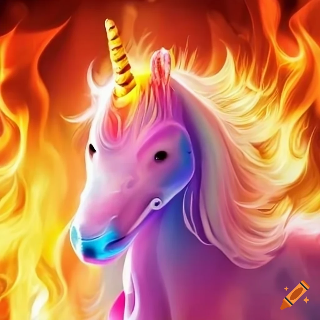 Rainbow unicorn enveloped in flames