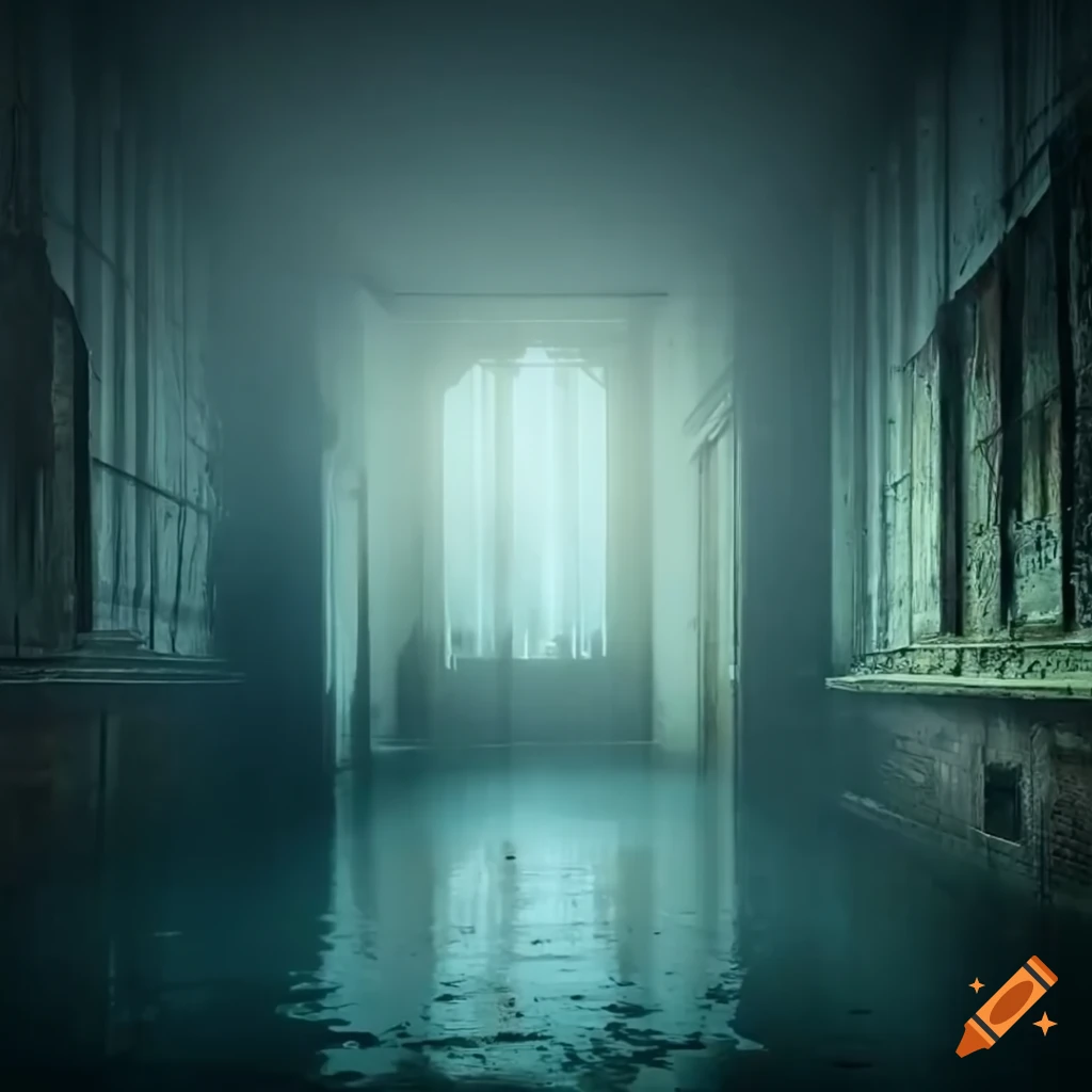 Abandoned flooded room with rays of light in foggy weather