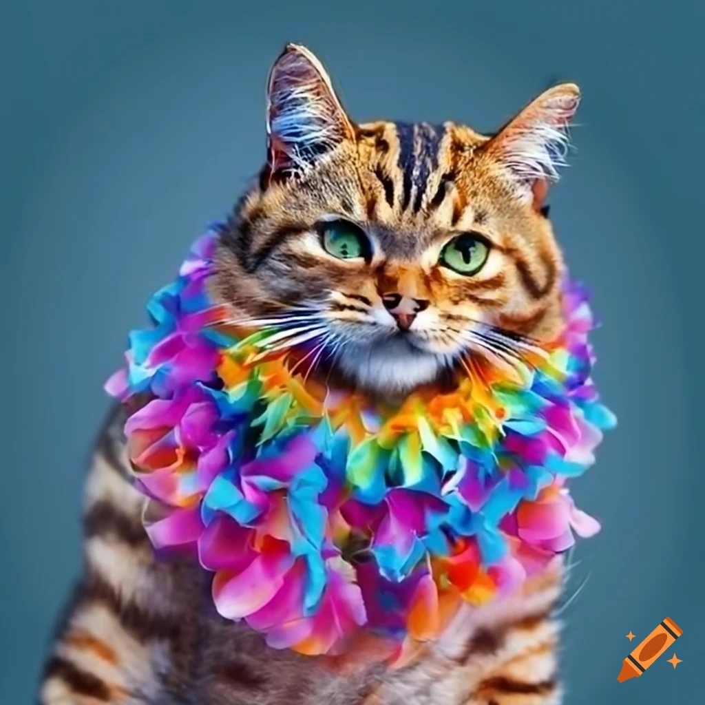 Blue and orange striped wildcat with a colorful lei on Craiyon