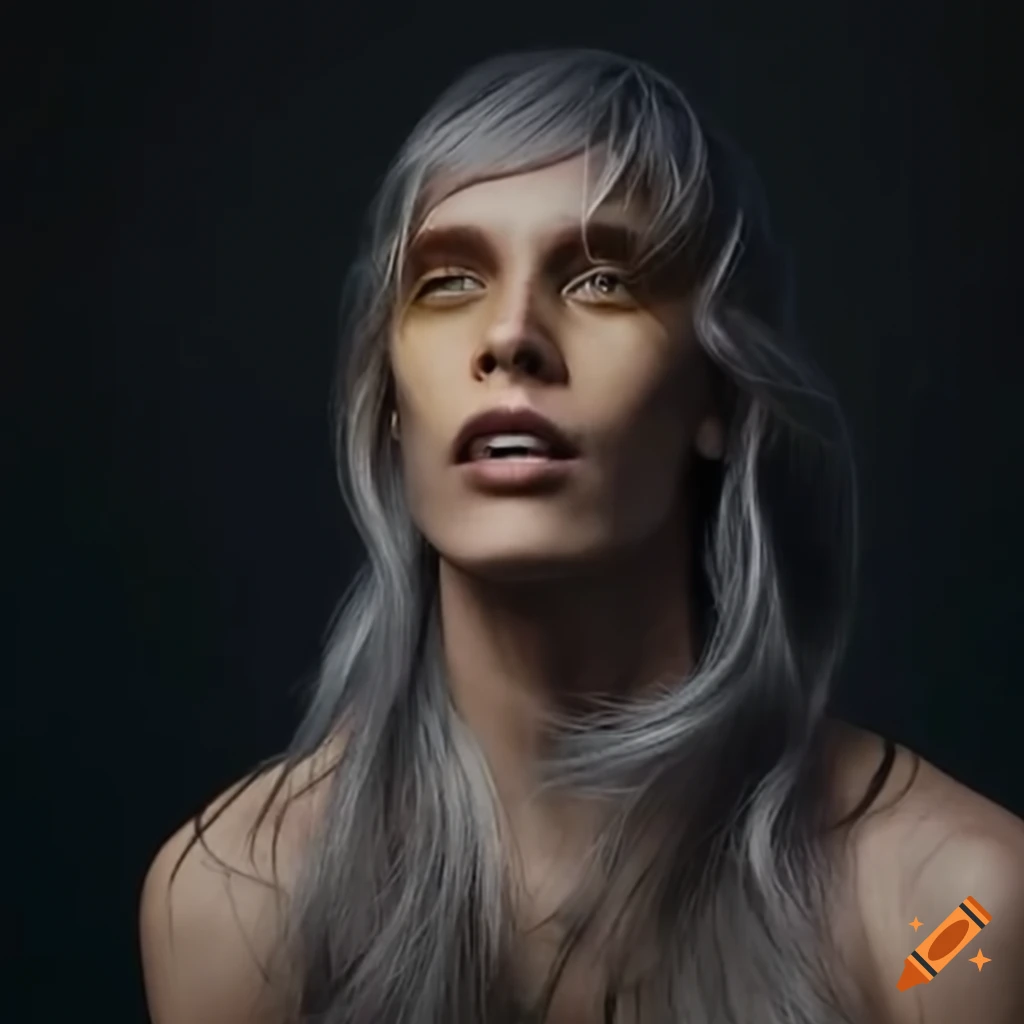 Man with medium long silver hair as a cyborg